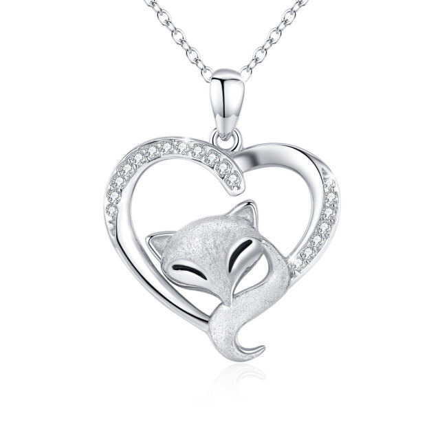 Sterling Silver Circular Shaped Cubic Zirconia Fox & Heart Pendant Necklace-0