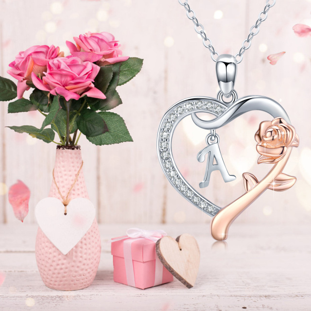 Sterling Silver Two-tone Cubic Zirconia Rose & Heart Pendant Necklace with Initial Letter A-3