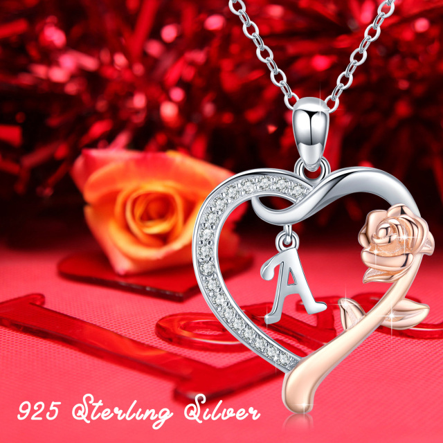 Sterling Silver Two-tone Cubic Zirconia Rose & Heart Pendant Necklace with Initial Letter A-4