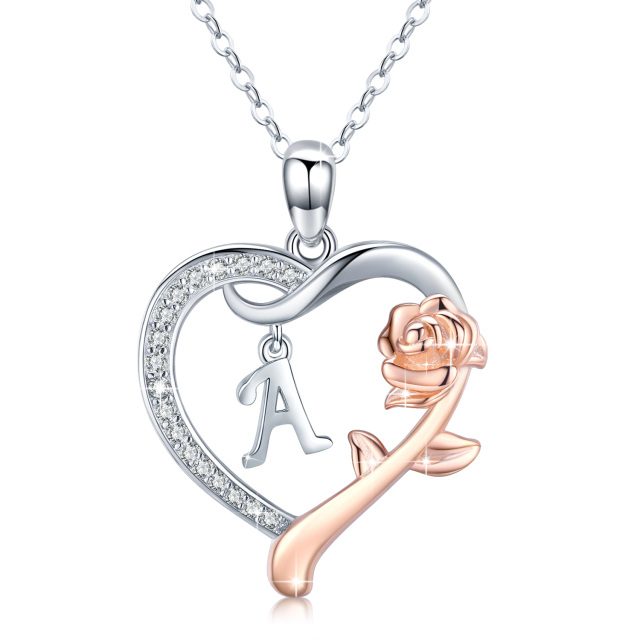 Sterling Silver Two-tone Cubic Zirconia Rose & Heart Pendant Necklace with Initial Letter A-0