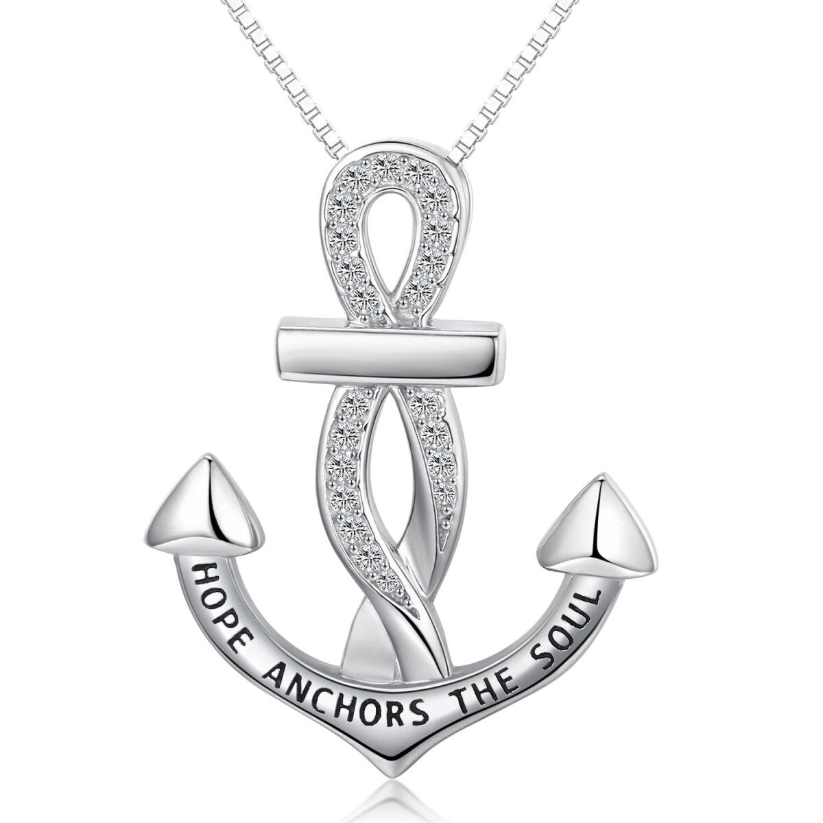 Sterling Silver Circular Shaped Cubic Zirconia Anchor Pendant Necklace with Engraved Word-1