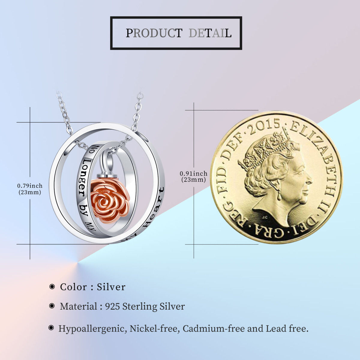 Sterling Silber zweifarbig drehbare Kreise Rose Anhänger Urne Halskette für Asche-5