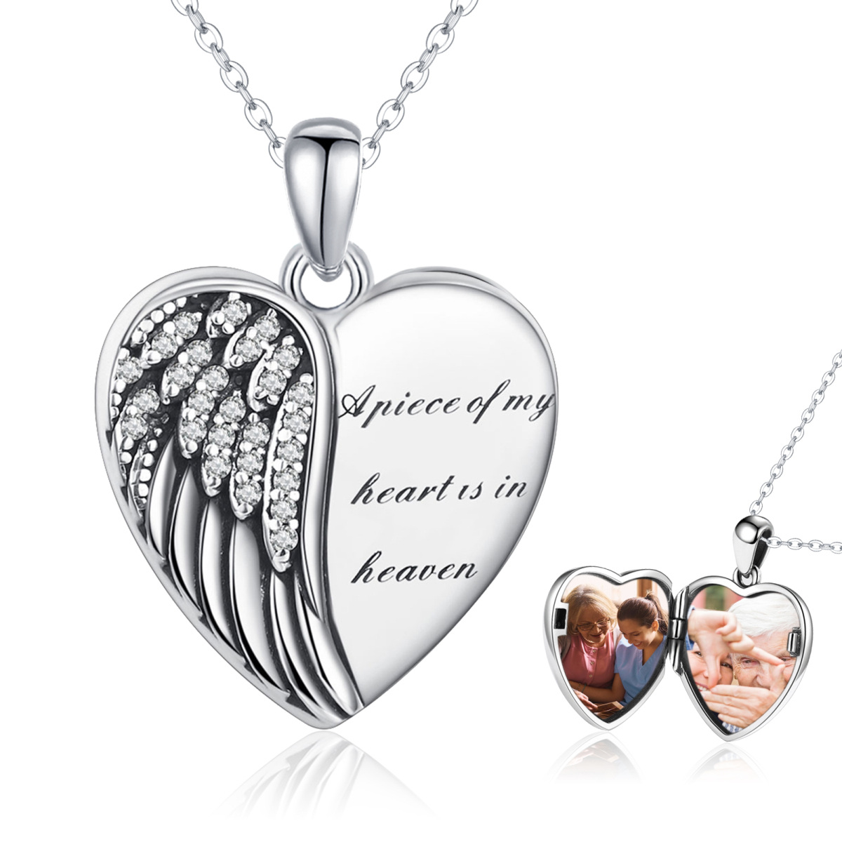 Sterling Silver Circular Shaped Feather & Heart Personalized Photo Locket Necklace with Engraved Word-1