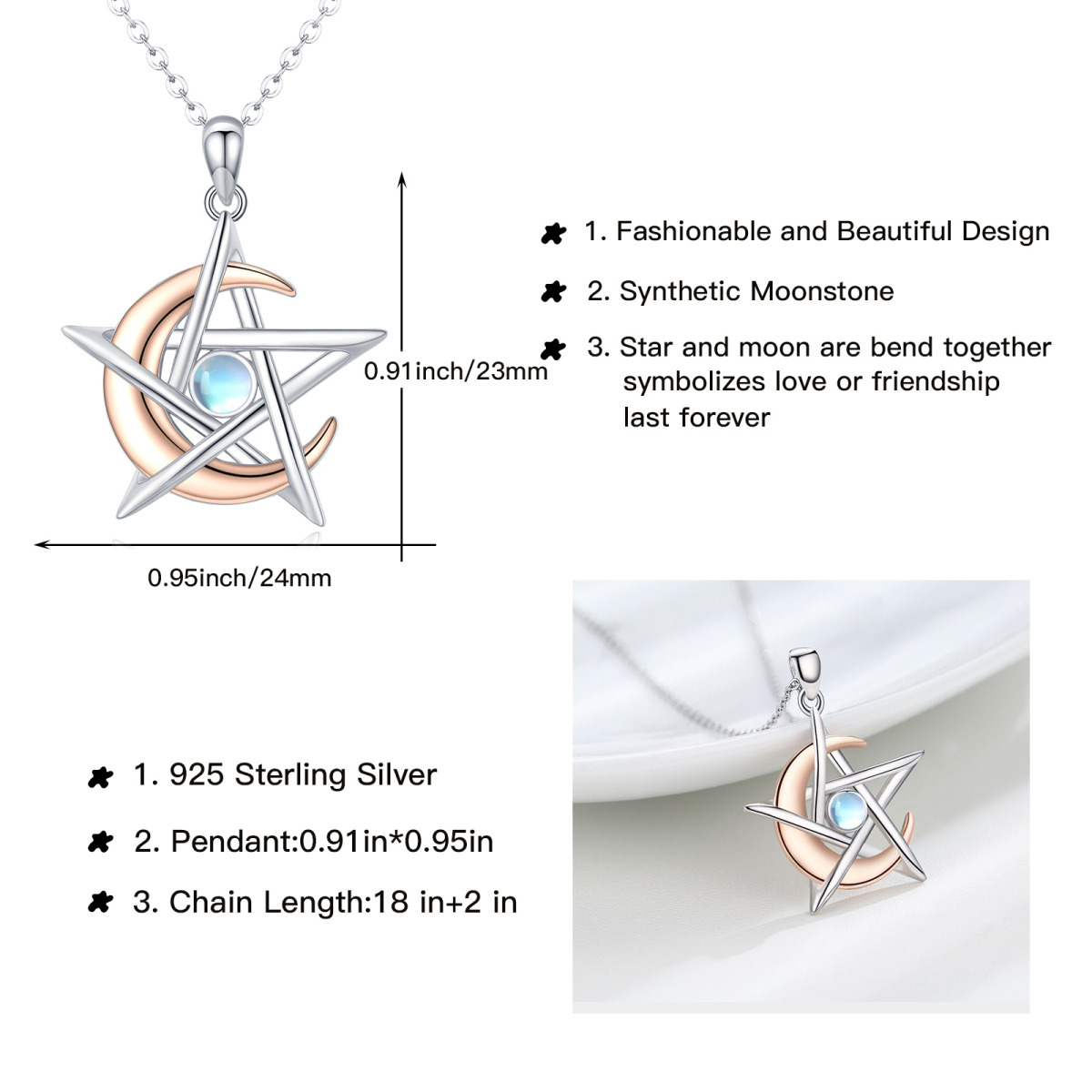 Sterling Silver Two-tone Round Moonstone Moon & Pentagram Pendant Necklace-5
