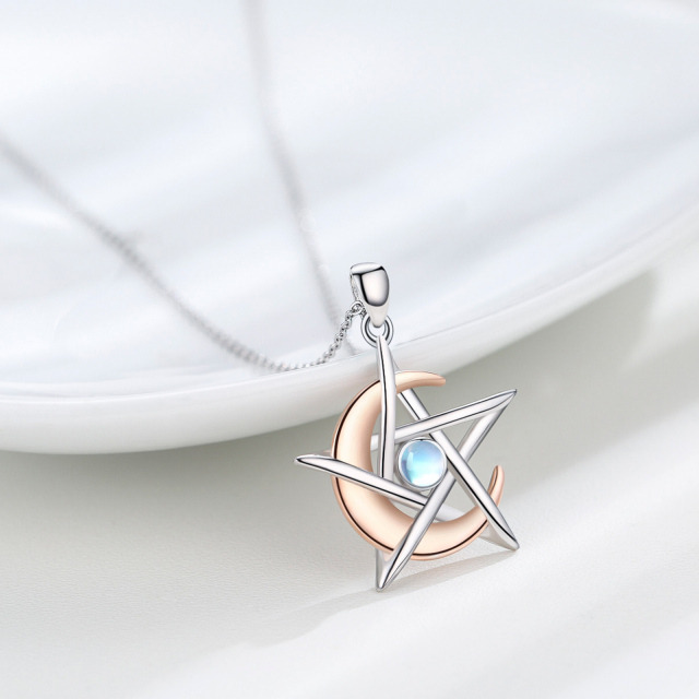 Sterling Silver Two-tone Round Moonstone Moon & Pentagram Pendant Necklace-4