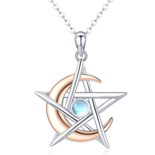 Sterling Silver Two-tone Round Moonstone Moon & Pentagram Pendant Necklace-1