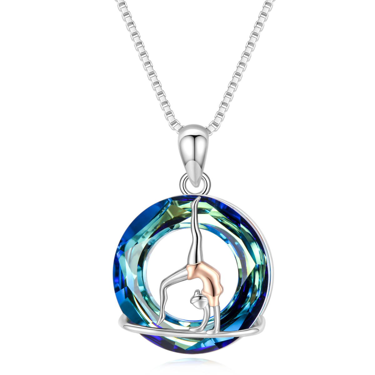 Sterling Silver Two-tone Circular Shaped Gymnast Crystal Pendant Necklace-1