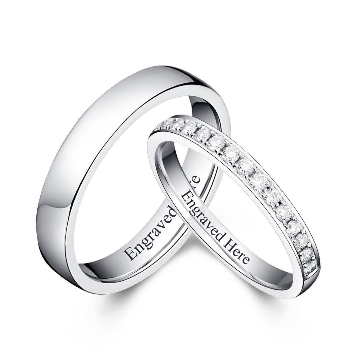 Sterling Silver Circular Shaped Cubic Zirconia Personalized Engraving & Couple Engagement Ring-1
