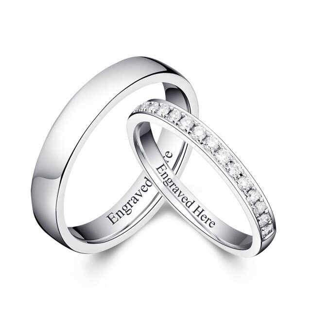 Sterling Silver Circular Shaped Cubic Zirconia Personalized Engraving & Couple Engagement Ring-0