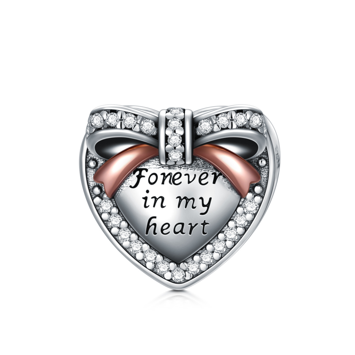 Sterling Silver Two-tone Round Zircon Bow & Heart Bead Charm with Engraved Word-1