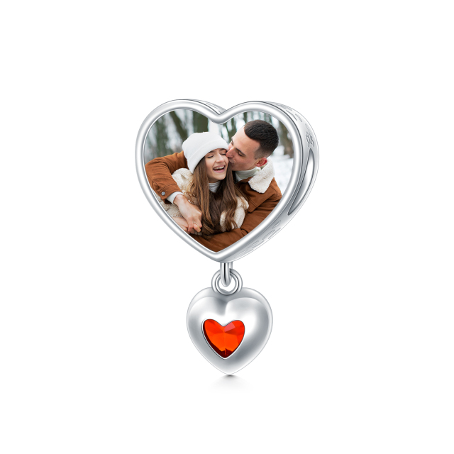 Sterling Silver Red Cubic Zirconia Personalized Photo Heart Bead Charm with Engraved Word-5