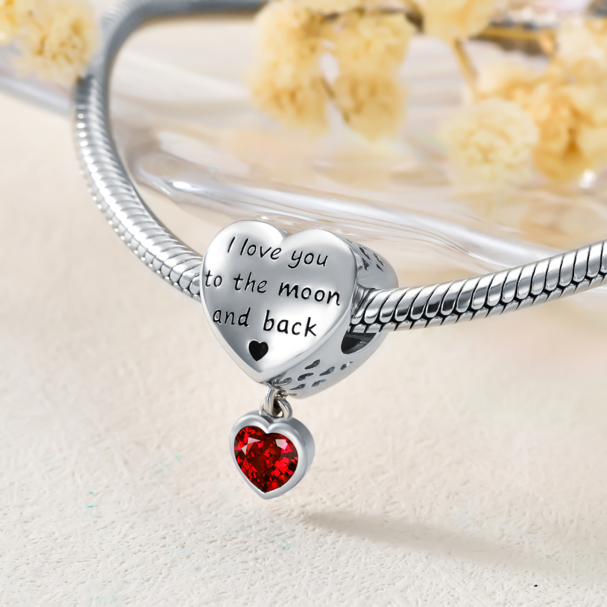 Sterling Silver Heart Shaped Cubic Zirconia Personalized Photo & Heart Bead Charm with Engraved Word-3