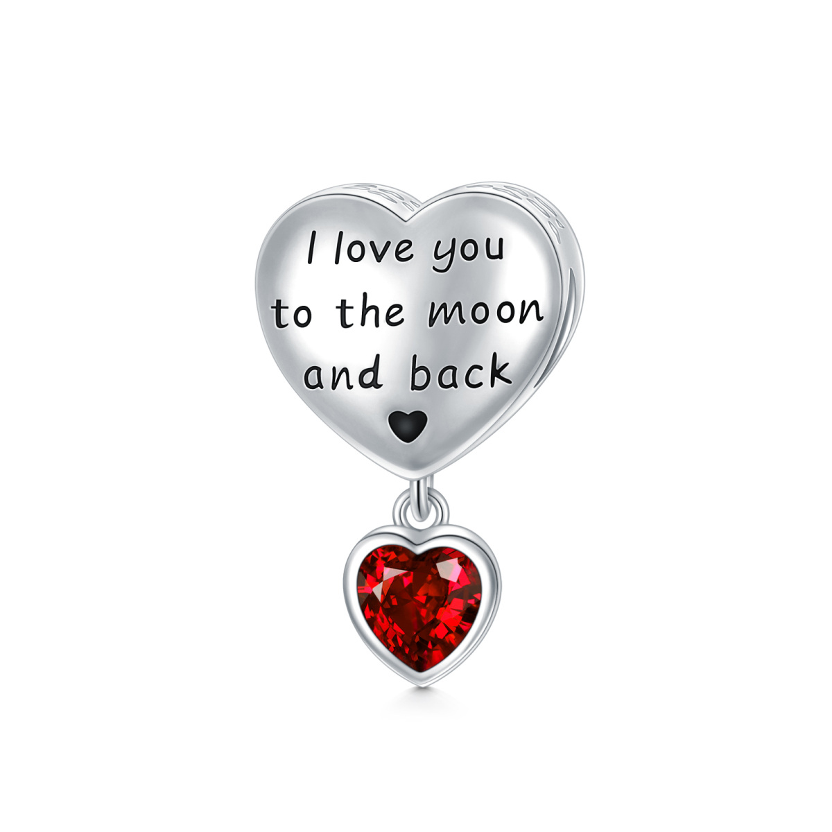 Sterling Silver Red Cubic Zirconia Personalized Photo Heart Bead Charm with Engraved Word-1