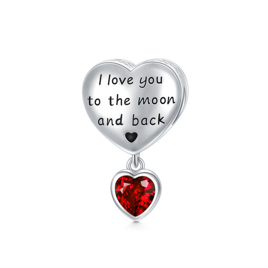 Sterling Silver Red Cubic Zirconia Personalized Photo Heart Bead Charm with Engraved Word