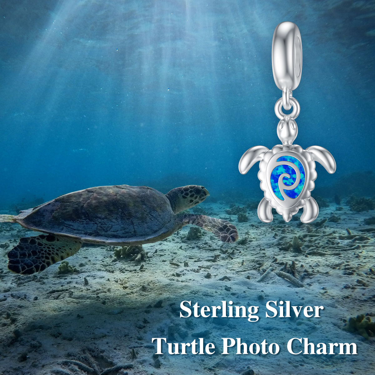 Sterling Silver Opal Sea Turtle Personalized Photo Dangle Charm-5