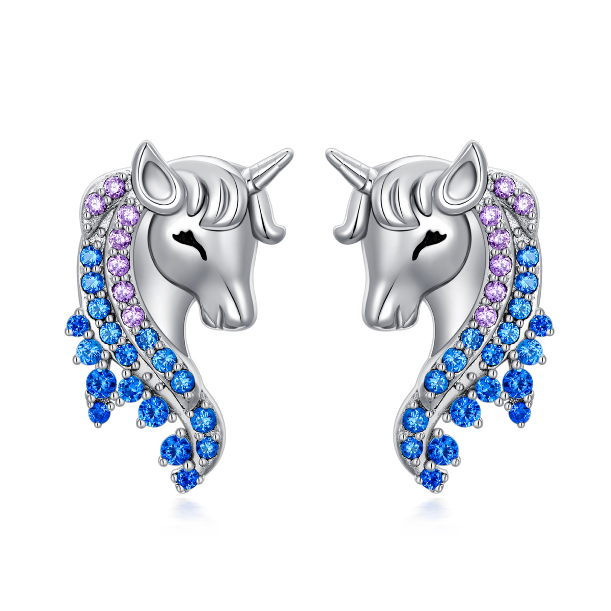 Sterling Silver Round Zircon Unicorn Stud Earrings-1