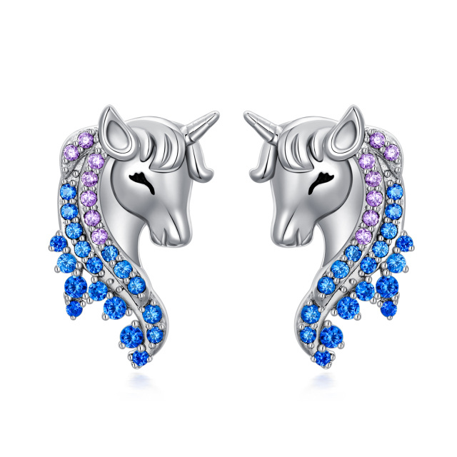 Sterling Silver Round Zircon Unicorn Stud Earrings-0
