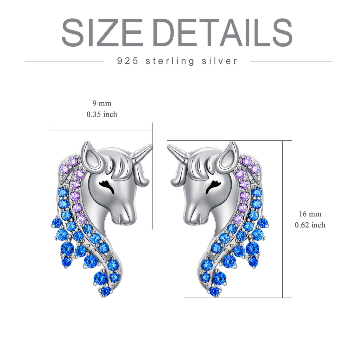 Sterling Silver Round Zircon Unicorn Stud Earrings-5
