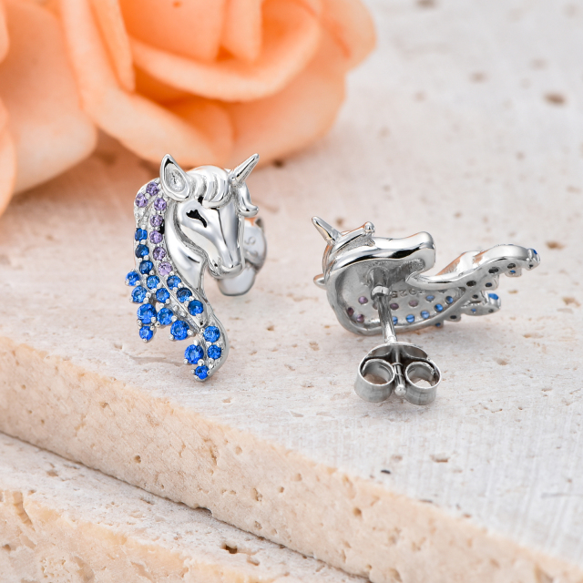 Sterling Silver Round Zircon Unicorn Stud Earrings-3