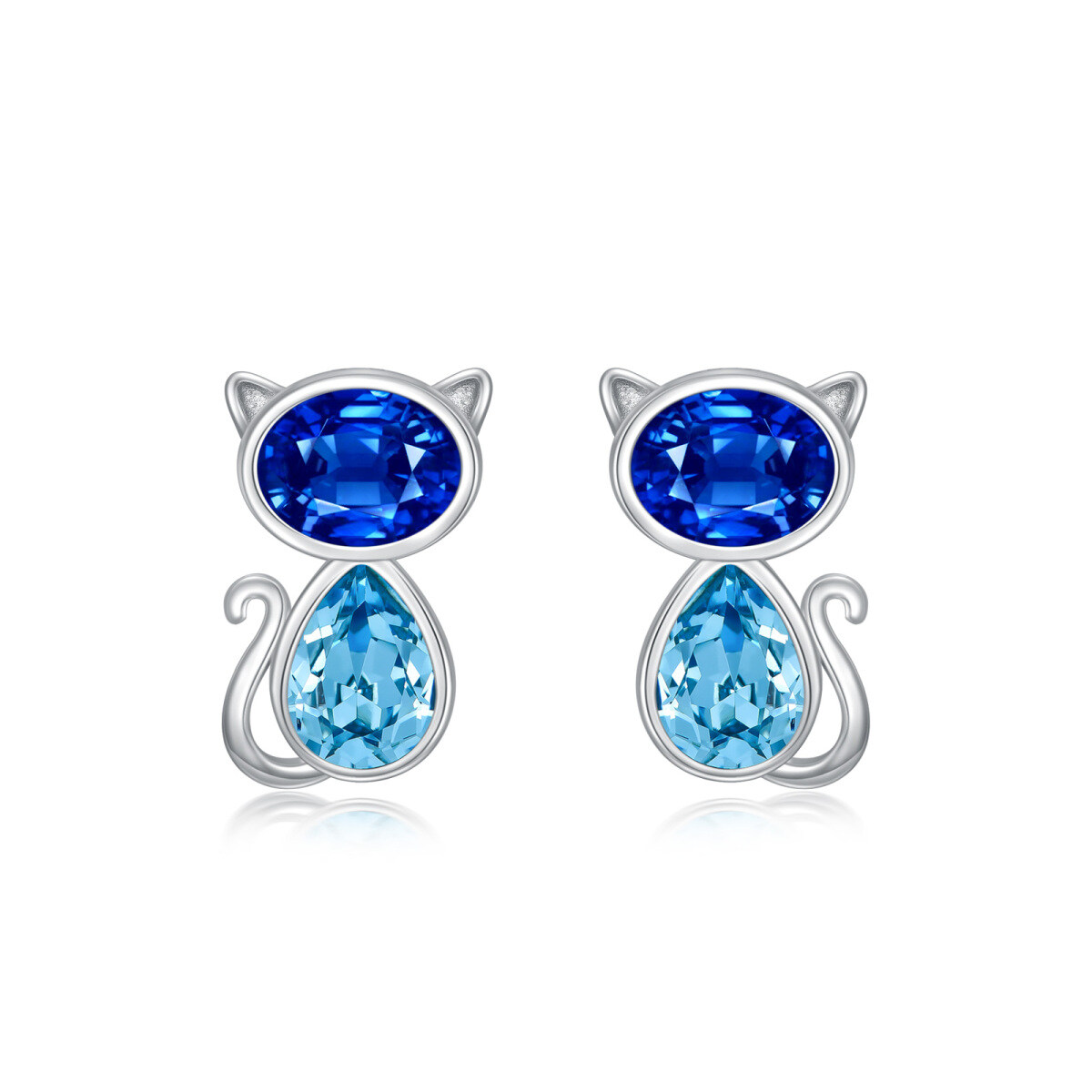 Sterling Silver Oval Shaped & Marquise Shaped Crystal Cat Stud Earrings-1