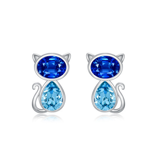 Sterling Silver Oval Shaped & Marquise Shaped Crystal Cat Stud Earrings
