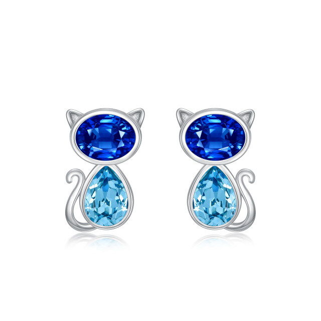 Sterling Silver Oval Shaped & Marquise Shaped Crystal Cat Stud Earrings-0