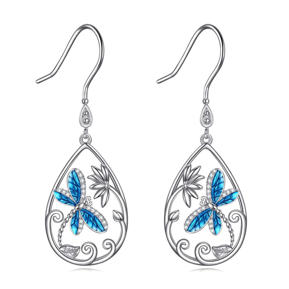 Sterling Silver Cubic Zirconia Dragonfly Drop Earrings-1