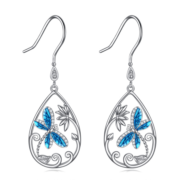 Sterling Silver Cubic Zirconia Dragonfly Drop Earrings-4