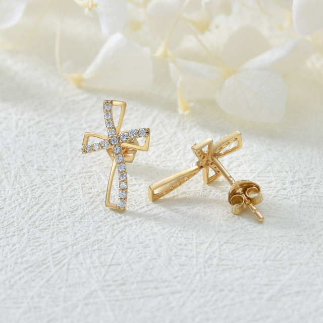 10K Gold Cubic Zirconia Cross Stud Earrings-4
