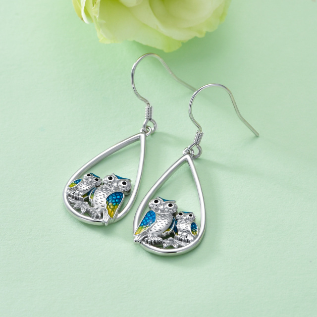 Sterling Silver Owl & Drop Shape Drop Earrings-1