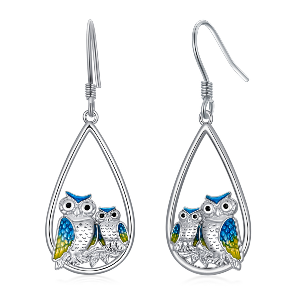 Sterling Silver Owl & Drop Shape Drop Earrings-1