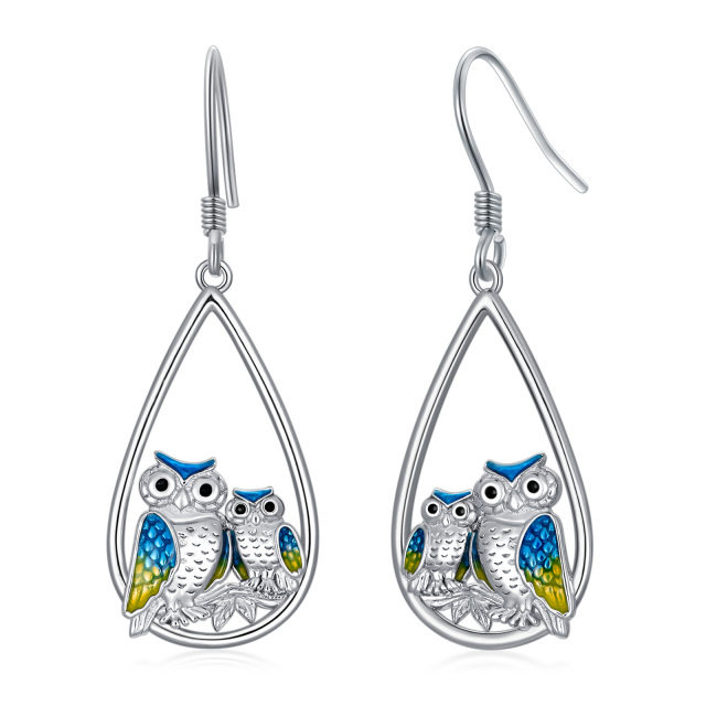 Sterling Silver Owl & Drop Shape Drop Earrings-0