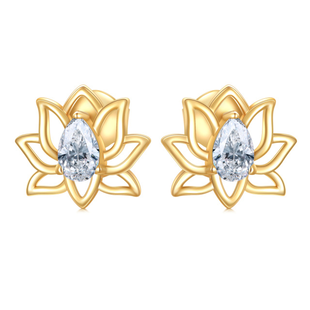 14K Gold Cubic Zirconia Lotus Stud Earrings-1