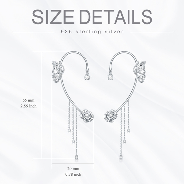 Sterling Silver Circular Shaped Cubic Zirconia Butterfly & Rose Cuff Earrings-5