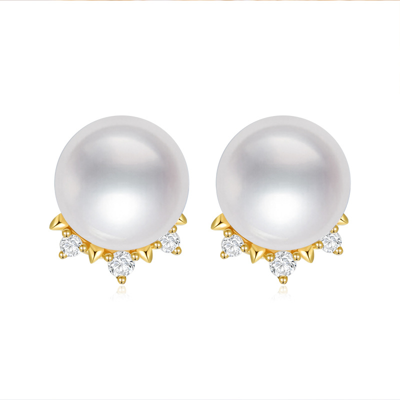 14K Gold Diamond & Pearl Crown Stud Earrings