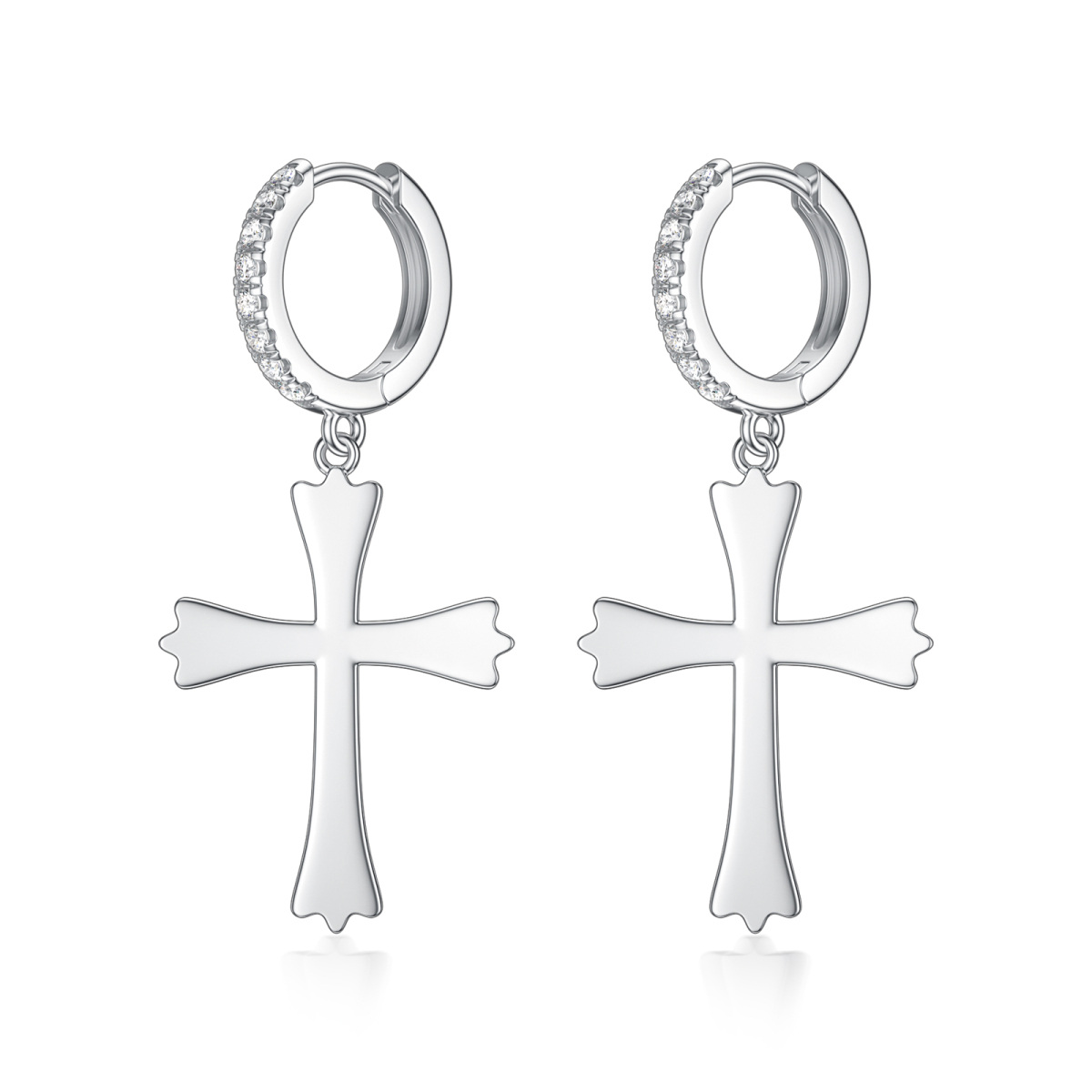 Sterling Silver Round Lab Created Diamond Cross Drop Earrings-1
