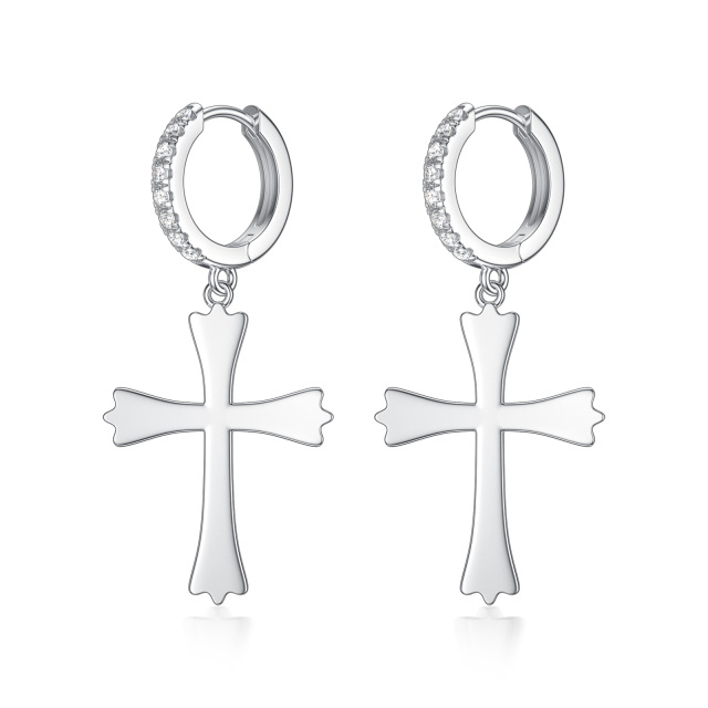 Sterling Silver Round Lab Created Diamond Cross Drop Earrings-0