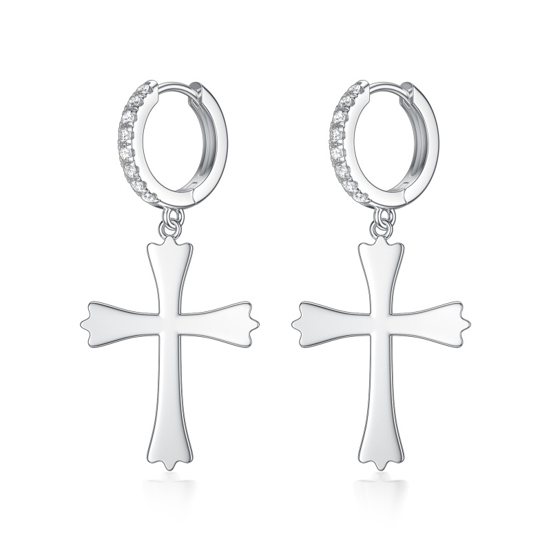 Boucles d'oreilles pendantes en argent sterling avec croix en diamant rond créé en laborat