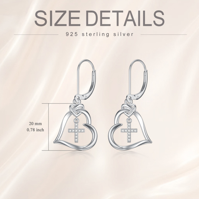 Sterling Silver Circular Shaped Cubic Zirconia Cross & Heart Lever-back Earrings-2
