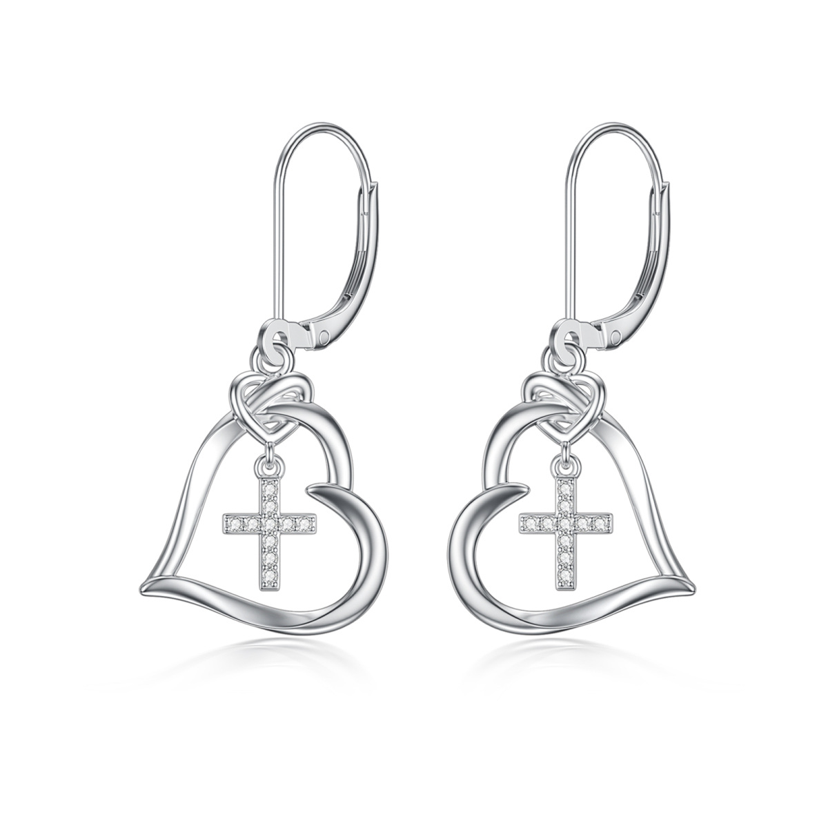 Sterling Silver Circular Shaped Cubic Zirconia Cross & Heart Lever-back Earrings-1