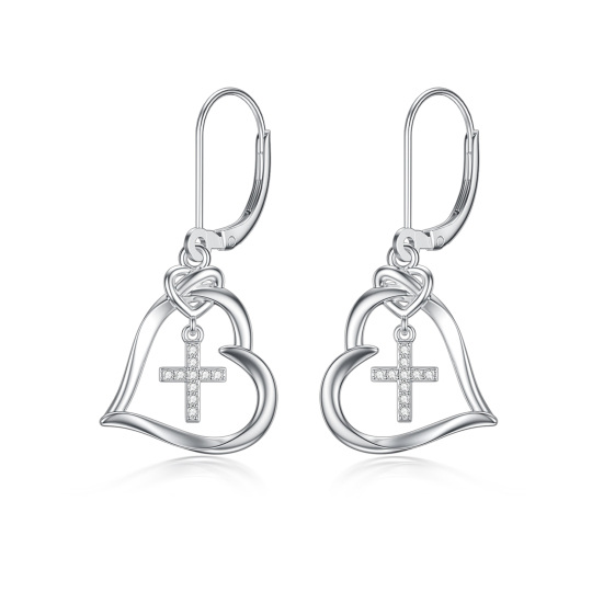 Brincos de prata esterlina com zircónias cúbicas em forma de cruz e coração com fecho de a