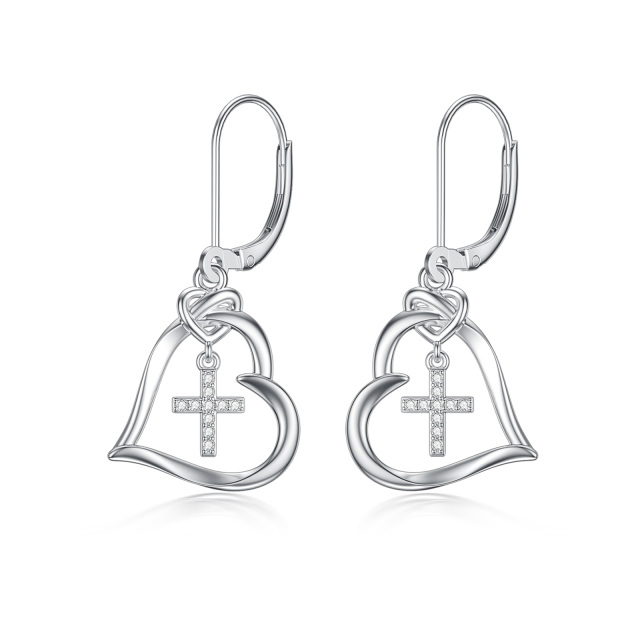 Sterling Silver Circular Shaped Cubic Zirconia Cross & Heart Lever-back Earrings-0