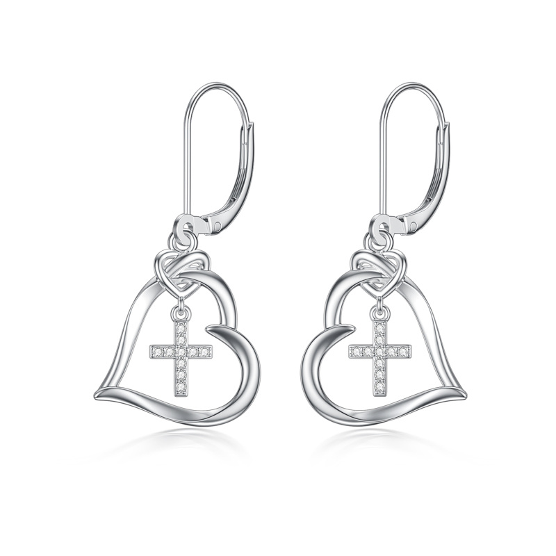 Sterling Silver Circular Shaped Cubic Zirconia Cross & Heart Lever-back Earrings