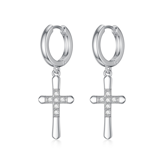 Sterling Silver Circular Shaped Lab Created Diamond Cross Drop Earrings