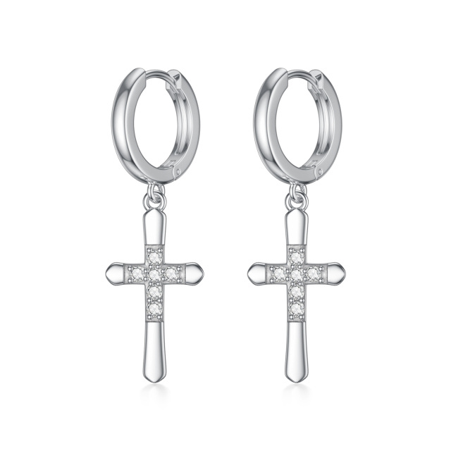 Boucles d'oreilles croix en argent sterling avec diamant de laboratoire de forme circulair-0