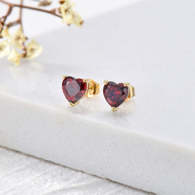 14K Gold Heart Garnet Heart Stud Earrings-2