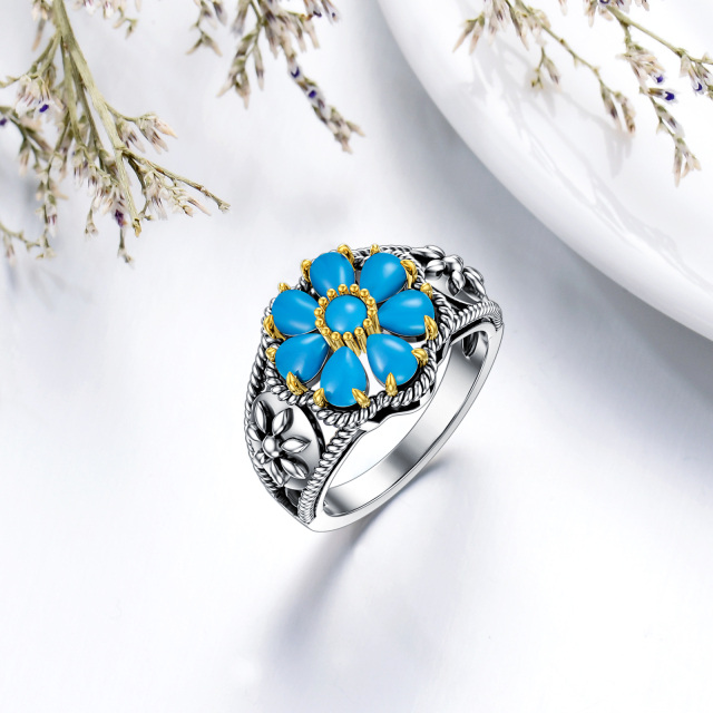 Sterling Silver Two-tone Pear Shaped Turquoise Daisy Ring-4