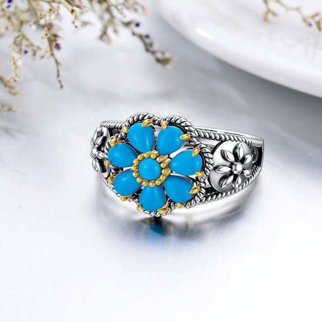Sterling Silver Two-tone Pear Shaped Turquoise Daisy Ring-3