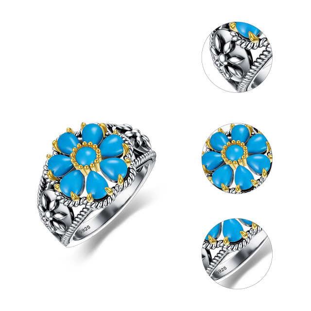 Sterling Silver Two-tone Pear Shaped Turquoise Daisy Ring-5