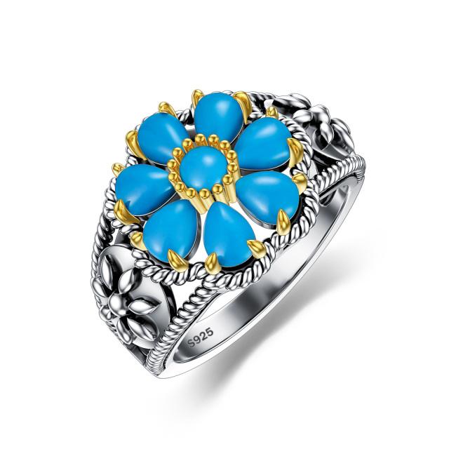 Sterling Silver Two-tone Pear Shaped Turquoise Daisy Ring-4